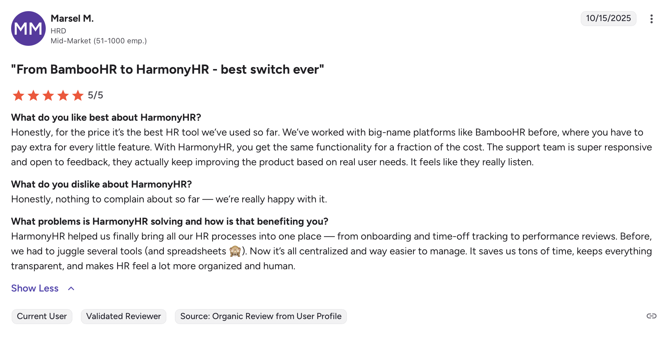 G2 review highlighting HarmonyHR as a powerful BambooHR alternative with transparent pricing