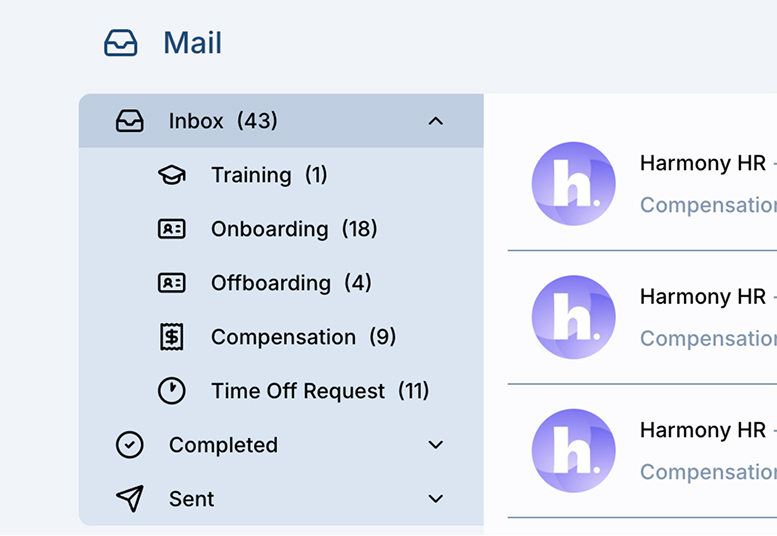 Notifications about approvals, tasks, and changes in HarmonyHR